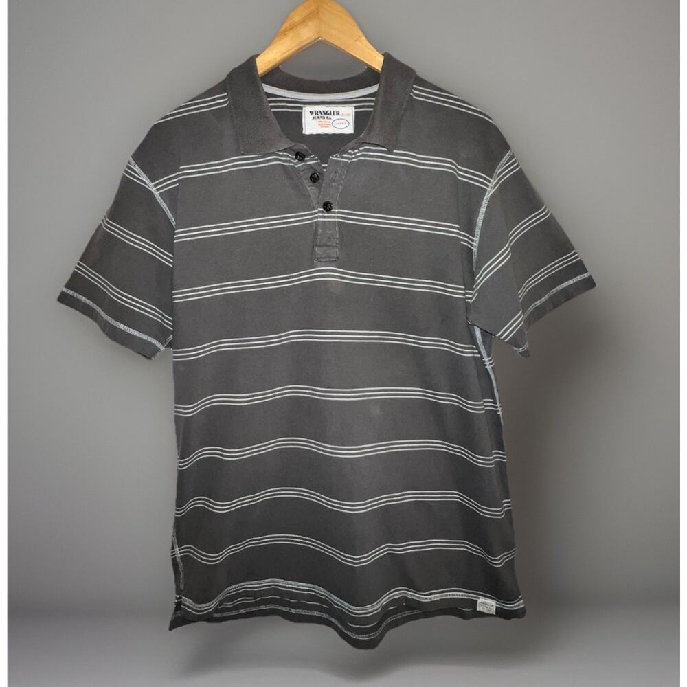 Wrangler Jeans Co Polo Shirt Gray White Striped Cotton L Retro Classic Casual